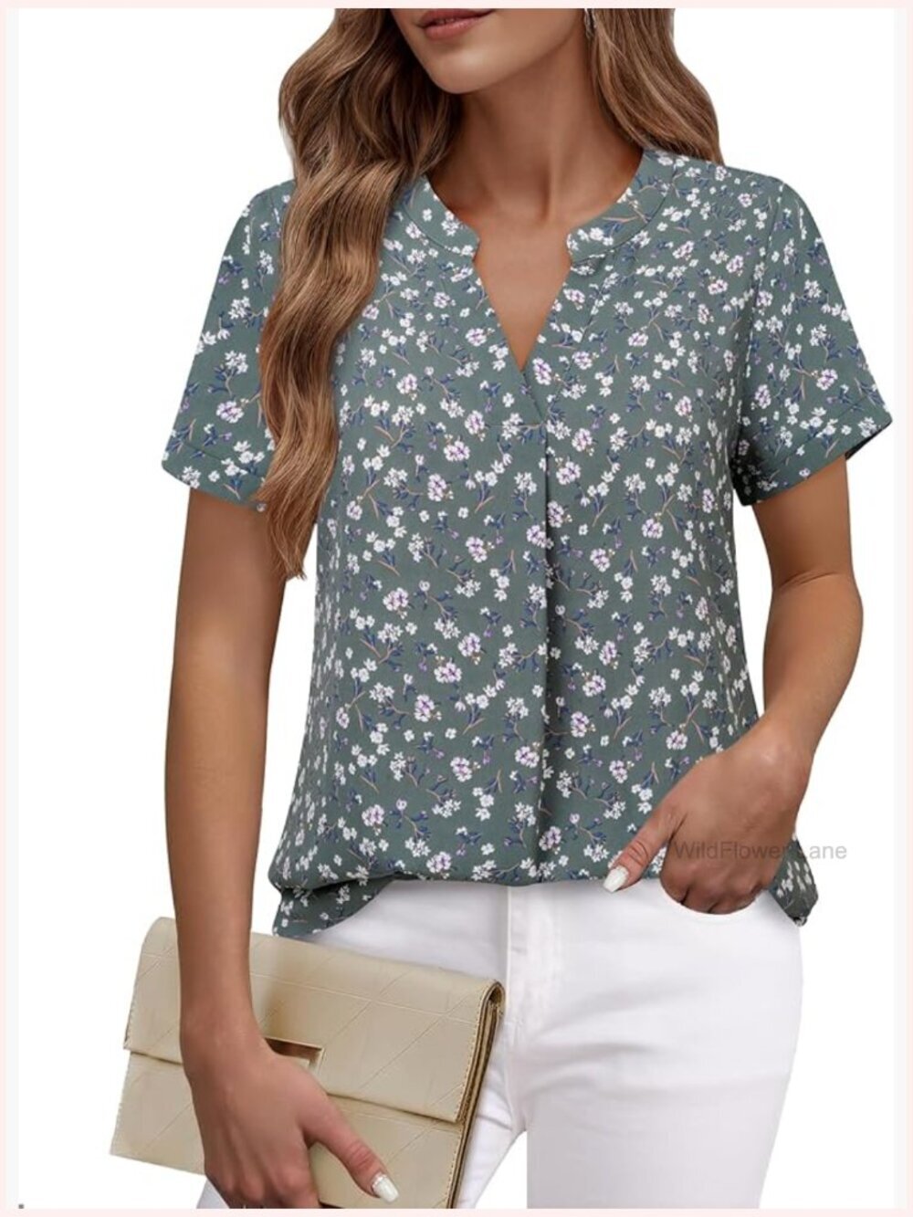 Women's V Neck Short Sleeve Curved Hem Chiffon Blouse Tunic Top